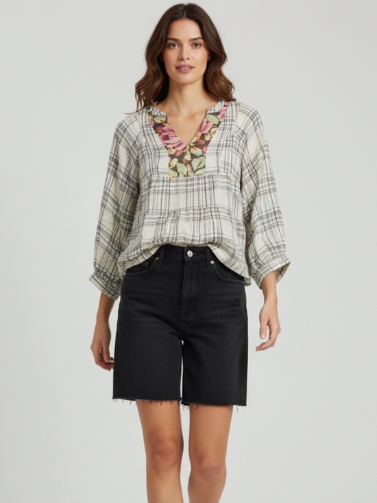 Anthropologie Tops - Anthropologie Split Neck Mixed Media Metallic Floral Linen Blend Tunic NWOT